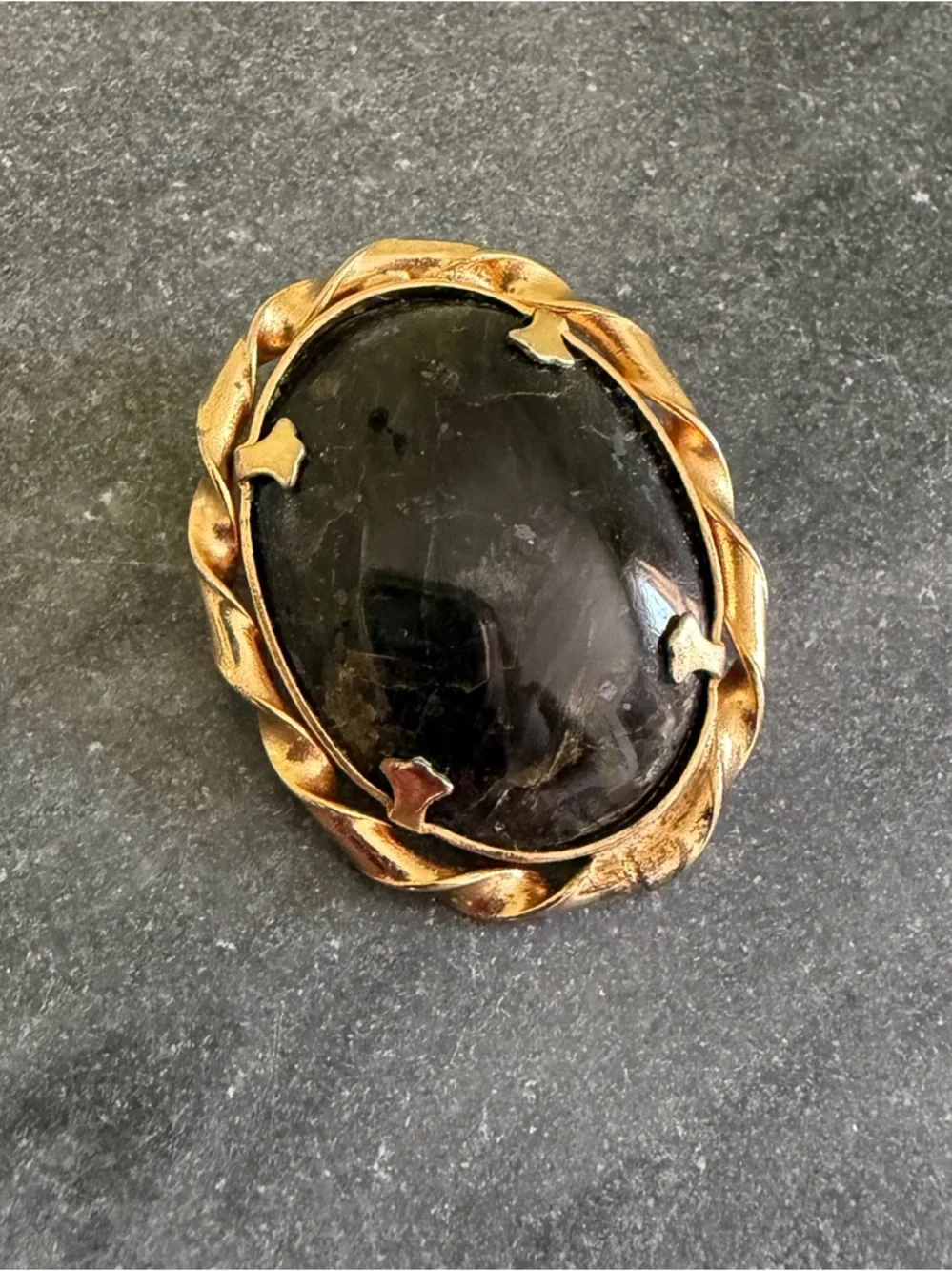 Vintage Estate Black Labradorite Gemstone Gold Brooch